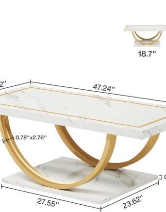 Modern Coffee Table White Gold Coffee Table Rectangle Coffee Table for Living Room, Engineered Wood Coffee Table with Faux Marble Veneer and Heavy Duty Metal Frame