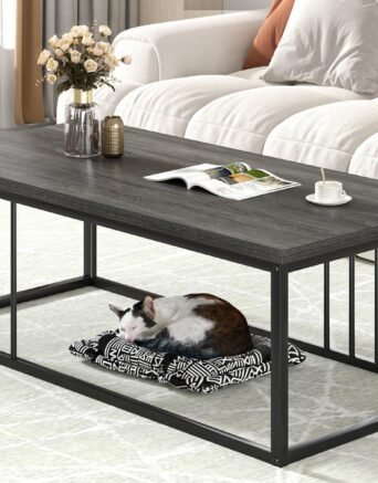 Minimalist Coffee Table, Modern Wooden and Metal Living Room Center Table, Industrial Dark Gray, 43.3 Inch