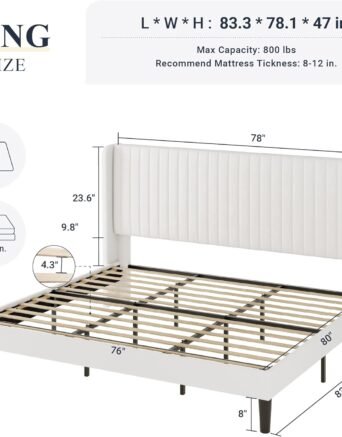 King Size Velvet Bed Frame/Vertical Channel Tufted Wingback Headboard/Upholstered Platform Bed/No Box Spring Needed/Strong Wooden Slats/Easy Assembly/White