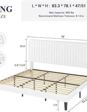 King Bed Frame, Velvet Upholstered Platform Bed with Adjustable Vertical Channel Tufted Headboard, Mattress Foundation with Strong Wooden Slats, Box Spring Optional, Easy Assembly, Off-White