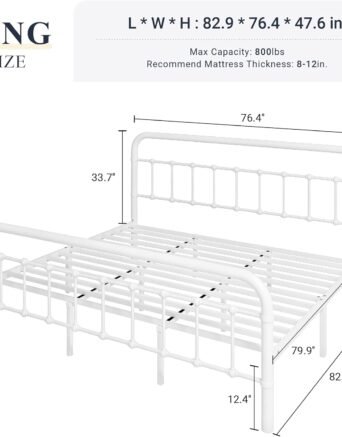 King Size Metal Platform Bed Frame with Victorian Style Wrought Iron-Art Headboard/Footboard, No Box Spring Required，White