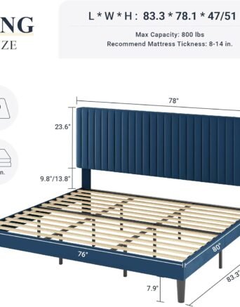 King Bed Frame, Velvet Upholstered Platform Bed with Adjustable Vertical Channel Tufted Headboard, Mattress Foundation with Strong Wooden Slats, Box Spring Optional, Easy Assembly, Navy Blue