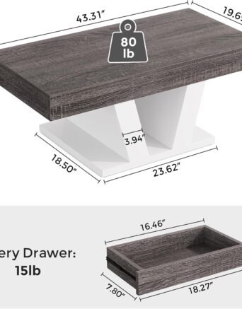 Farmhouse Coffee Table with 2 Hidden Drawers, 43 inch Center Tea Table with Storage, Rectangle Cocktail Table with Wood Veneer for Living Room, Office, Small Space, Gray and White