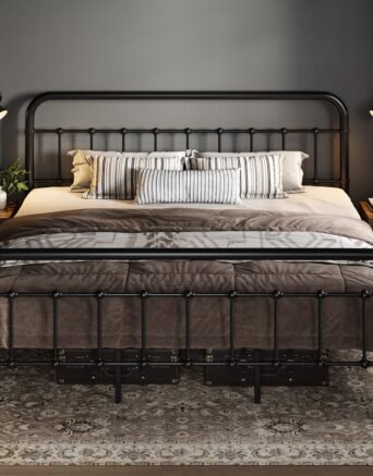 King Size Metal Platform Bed Frame with Victorian Style Wrought Iron-Art Headboard/Footboard, No Box Spring Required, Black