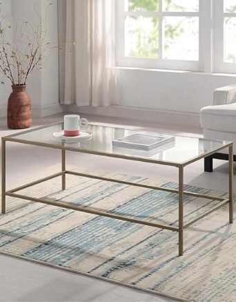 Gold Coffee Table, Tempered Glass Wide Rectangle Coffee Table with Stain Gold Metal Frame, Modern Minimalist Center Table for Living Room, Dining Room, Office, Pantry or Outdoor