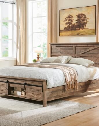 Full Farmhouse Wood Bed Frame with Sliding Barn Door Storage Cabinets, Solid Wood Slats Support, Noiseless, No Box Spring Needed, Warm Brown