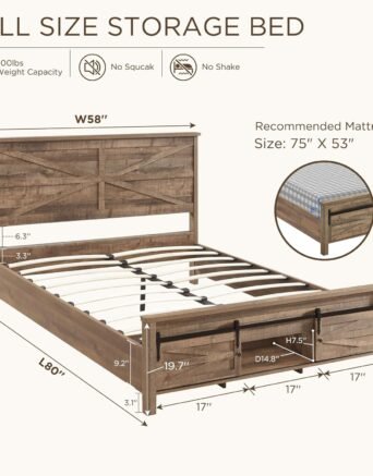 Full Farmhouse Wood Bed Frame with Sliding Barn Door Storage Cabinets, Solid Wood Slats Support, Noiseless, No Box Spring Needed, Warm Brown