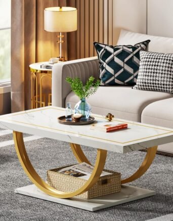 Modern Coffee Table White Gold Coffee Table Rectangle Coffee Table for Living Room, Engineered Wood Coffee Table with Faux Marble Veneer and Heavy Duty Metal Frame