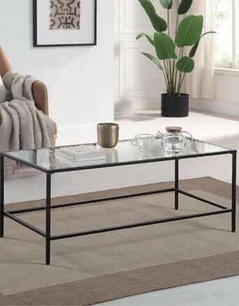 Black Coffee Table, Tempered Glass Wide Rectangle Coffee Table with Black Metal Frame, Modern Minimalist Center Table for Living Room, Dining Room, Office, Pantry or Outdoor