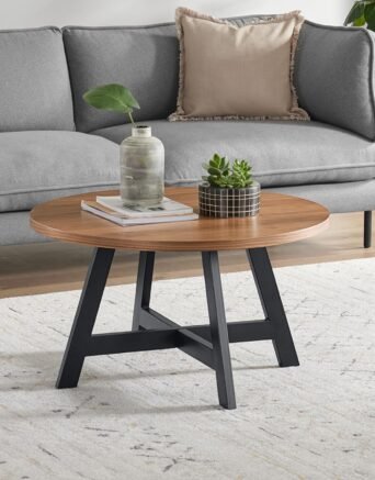 Coffee Table - Industrial Modern Round Table with MDF Top and Metal Base - Furniture for Living Room, Apartment, or Dorm Room (Walnut)