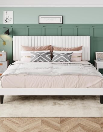 King Bed Frame, Velvet Upholstered Platform Bed with Adjustable Vertical Channel Tufted Headboard, Mattress Foundation with Strong Wooden Slats, Box Spring Optional, Easy Assembly, Off-White