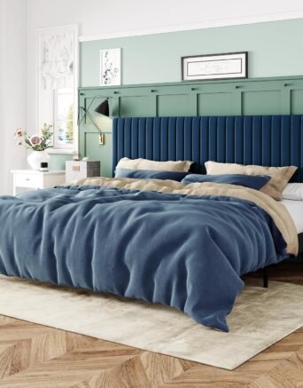 King Bed Frame, Velvet Upholstered Platform Bed with Adjustable Vertical Channel Tufted Headboard, Mattress Foundation with Strong Wooden Slats, Box Spring Optional, Easy Assembly, Navy Blue